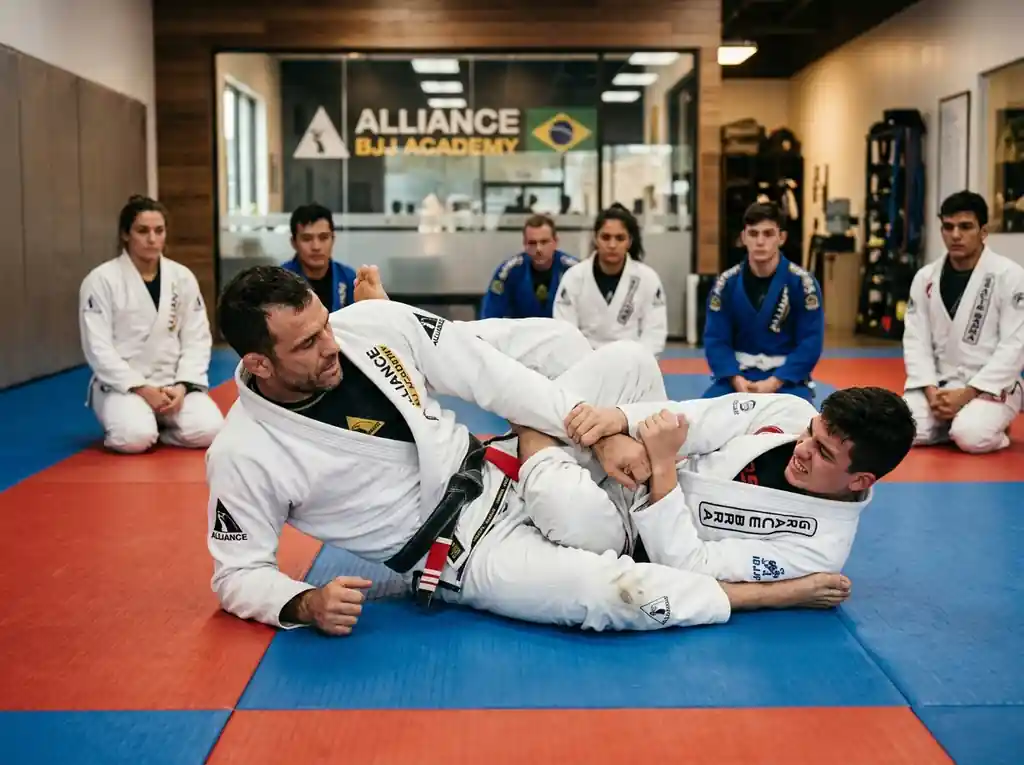 Faixa-preta de Jiu-Jitsu demonstrando técnica de finalização