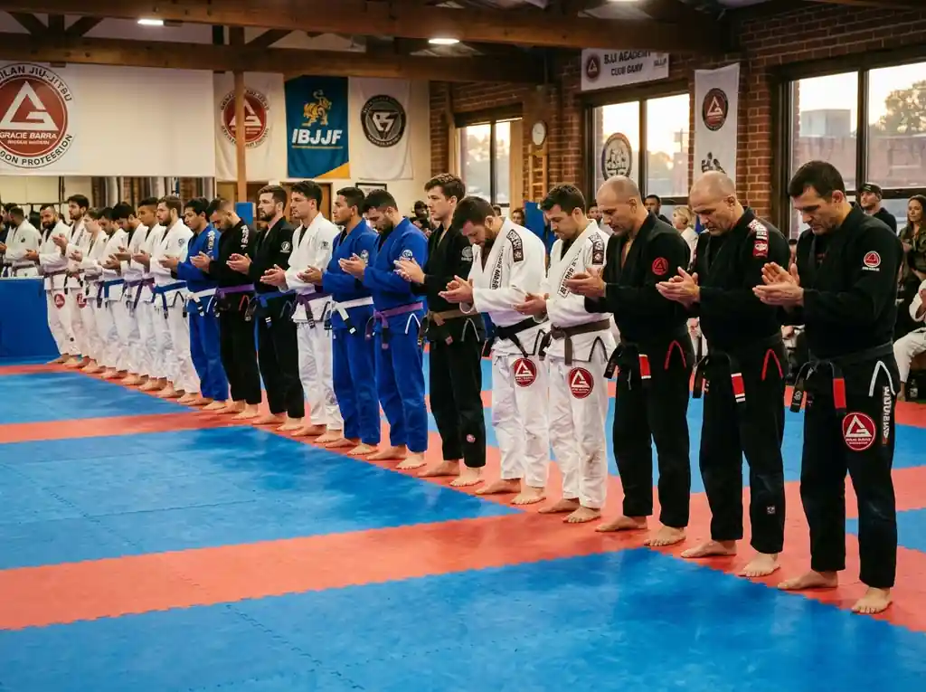 Turma de Jiu-Jitsu em saudação e respeito pós-treino
